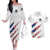 Personalized American Flag Bowling Team Couples Matching Off The Shoulder Long Sleeve Dress and Hawaiian Shirt Pins and Ball Torn Stripes and Patterned White - Wonder Print Shop