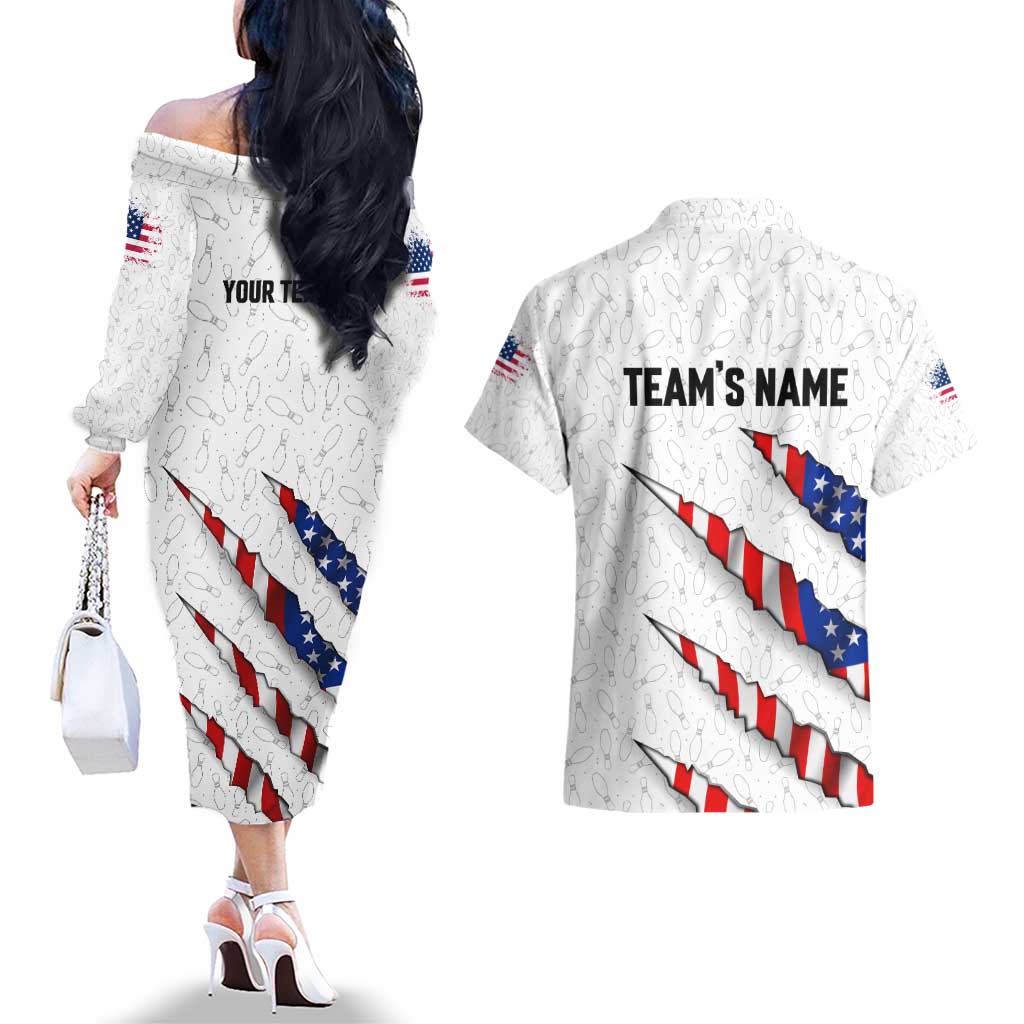 Personalized American Flag Bowling Team Couples Matching Off The Shoulder Long Sleeve Dress and Hawaiian Shirt Pins and Ball Torn Stripes and Patterned White - Wonder Print Shop