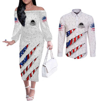 Personalized American Flag Bowling Team Couples Matching Off The Shoulder Long Sleeve Dress and Long Sleeve Button Shirt Pins and Ball Torn Stripes and Patterned White - Wonder Print Shop