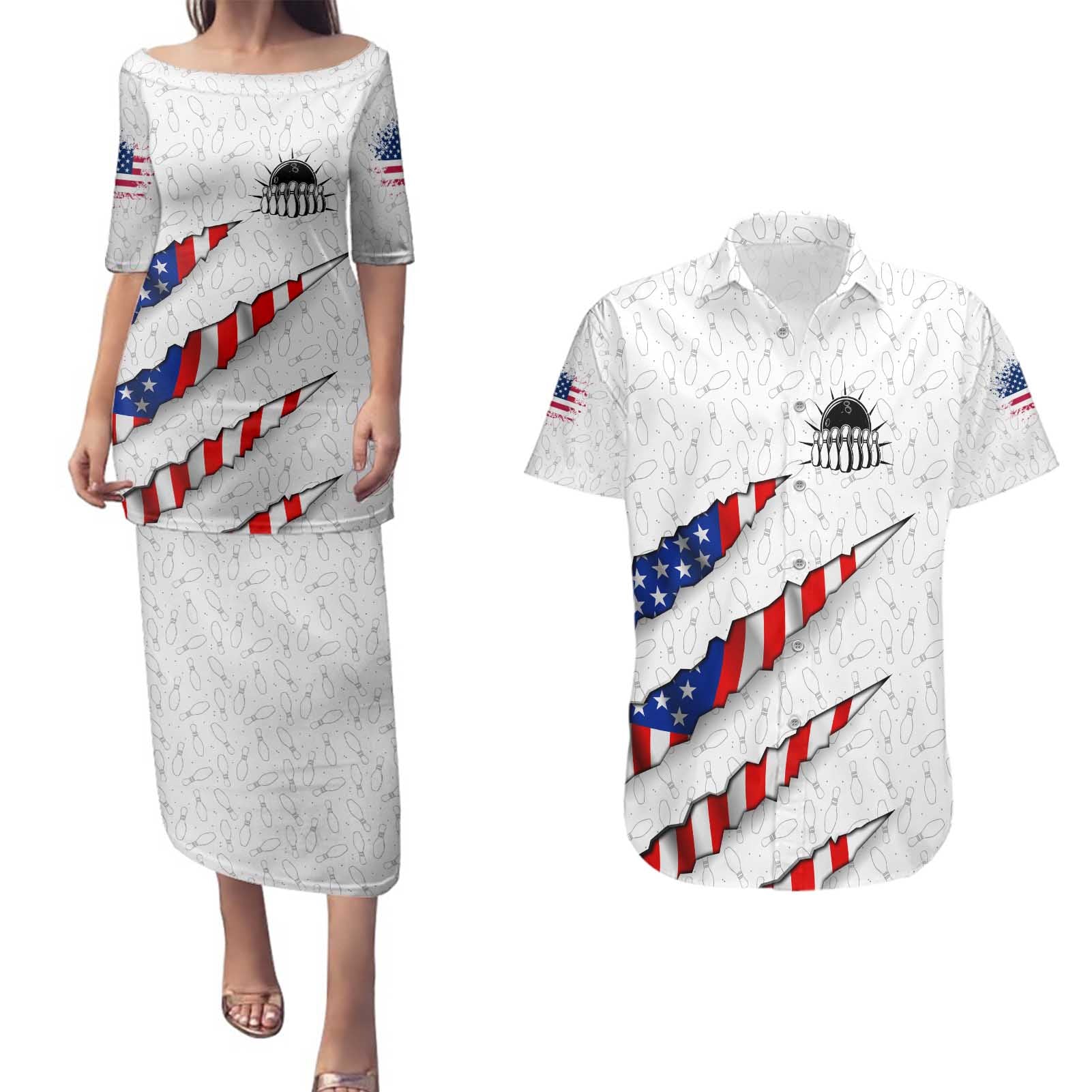 Personalized American Flag Bowling Team Couples Matching Puletasi and Hawaiian Shirt Pins and Ball Torn Stripes and Patterned White - Wonder Print Shop