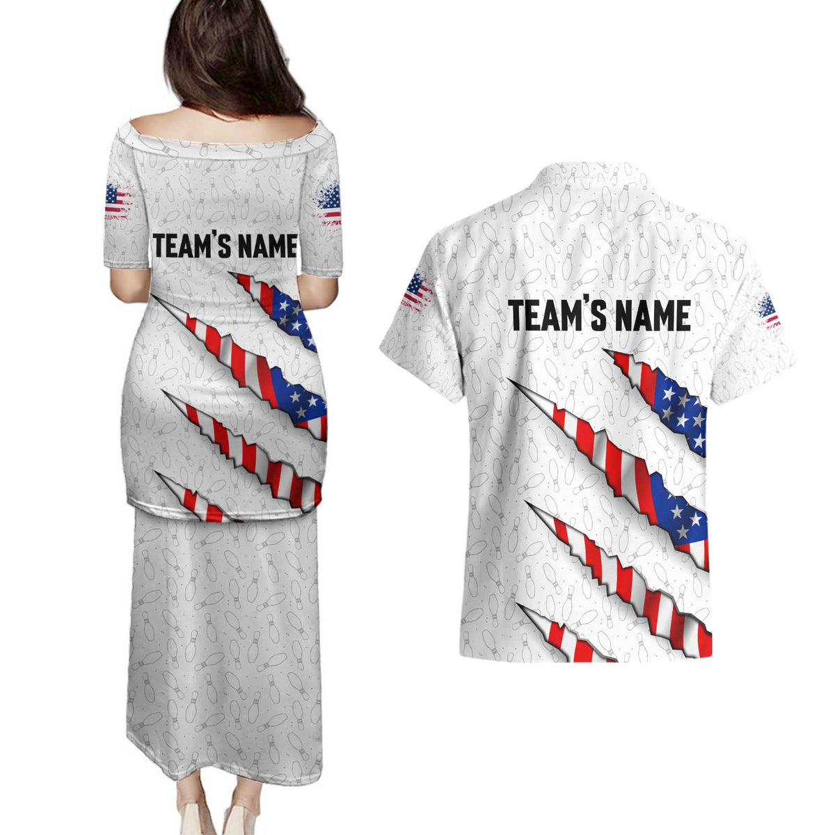 Personalized American Flag Bowling Team Couples Matching Puletasi and Hawaiian Shirt Pins and Ball Torn Stripes and Patterned White - Wonder Print Shop