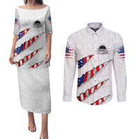 Personalized American Flag Bowling Team Couples Matching Puletasi and Long Sleeve Button Shirt Pins and Ball Torn Stripes and Patterned White - Wonder Print Shop