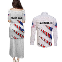 Personalized American Flag Bowling Team Couples Matching Puletasi and Long Sleeve Button Shirt Pins and Ball Torn Stripes and Patterned White - Wonder Print Shop