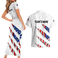 Personalized American Flag Bowling Team Couples Matching Short Sleeve Bodycon Dress and Hawaiian Shirt Pins and Ball Torn Stripes and Patterned White - Wonder Print Shop