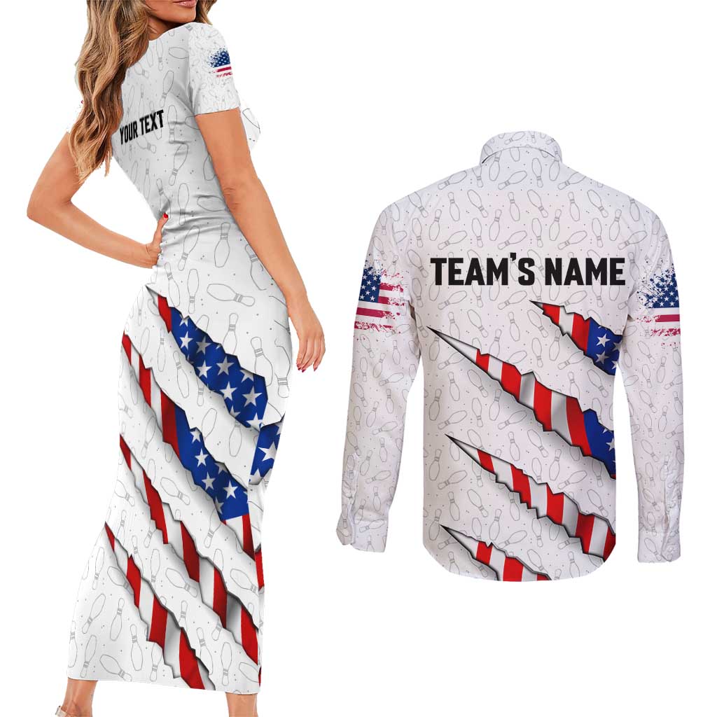 Personalized American Flag Bowling Team Couples Matching Short Sleeve Bodycon Dress and Long Sleeve Button Shirt Pins and Ball Torn Stripes and Patterned White - Wonder Print Shop