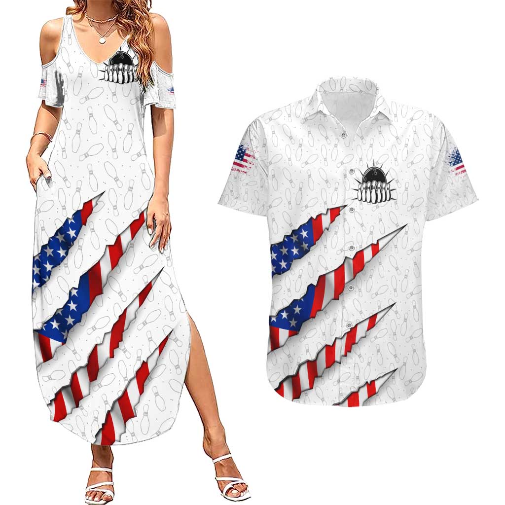 Personalized American Flag Bowling Team Couples Matching Summer Maxi Dress and Hawaiian Shirt Pins and Ball Torn Stripes and Patterned White - Wonder Print Shop