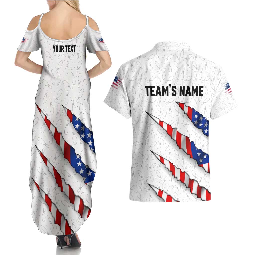 Personalized American Flag Bowling Team Couples Matching Summer Maxi Dress and Hawaiian Shirt Pins and Ball Torn Stripes and Patterned White - Wonder Print Shop