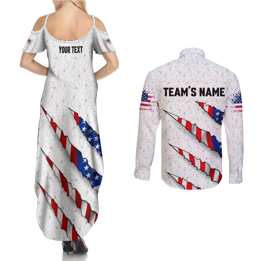 Personalized American Flag Bowling Team Couples Matching Summer Maxi Dress and Long Sleeve Button Shirt Pins and Ball Torn Stripes and Patterned White - Wonder Print Shop