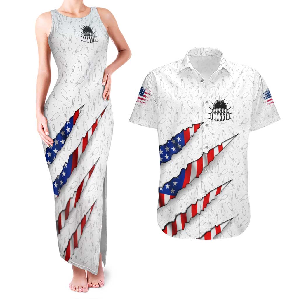 Personalized American Flag Bowling Team Couples Matching Tank Maxi Dress and Hawaiian Shirt Pins and Ball Torn Stripes and Patterned White - Wonder Print Shop