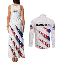 Personalized American Flag Bowling Team Couples Matching Tank Maxi Dress and Long Sleeve Button Shirt Pins and Ball Torn Stripes and Patterned White - Wonder Print Shop