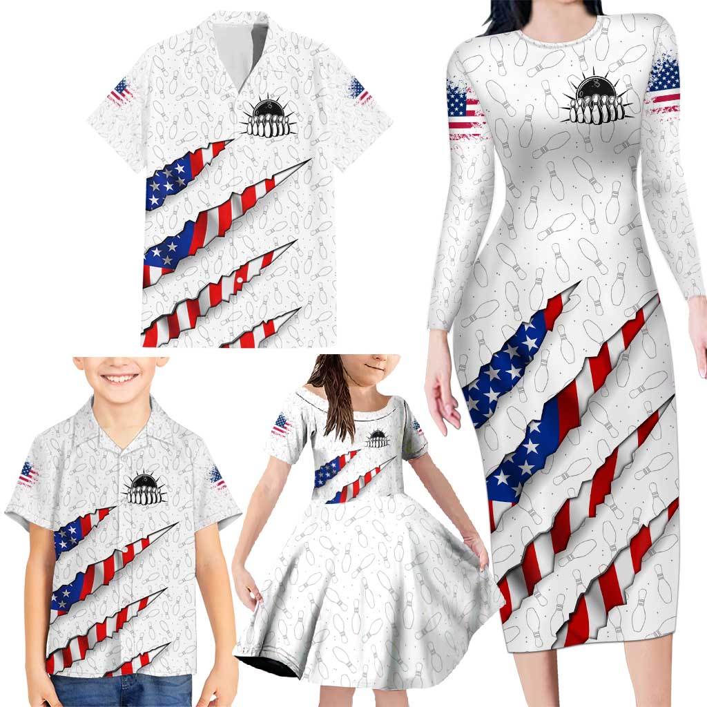Personalized American Flag Bowling Team Family Matching Long Sleeve Bodycon Dress and Hawaiian Shirt Pins and Ball Torn Stripes and Patterned White - Wonder Print Shop