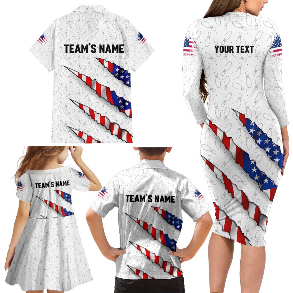Personalized American Flag Bowling Team Family Matching Long Sleeve Bodycon Dress and Hawaiian Shirt Pins and Ball Torn Stripes and Patterned White - Wonder Print Shop