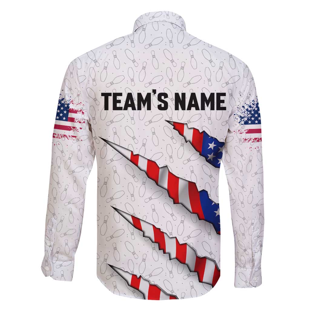 Personalized American Flag Bowling Team Family Matching Long Sleeve Bodycon Dress and Hawaiian Shirt Pins and Ball Torn Stripes and Patterned White - Wonder Print Shop