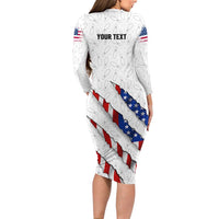 Personalized American Flag Bowling Team Family Matching Long Sleeve Bodycon Dress and Hawaiian Shirt Pins and Ball Torn Stripes and Patterned White - Wonder Print Shop