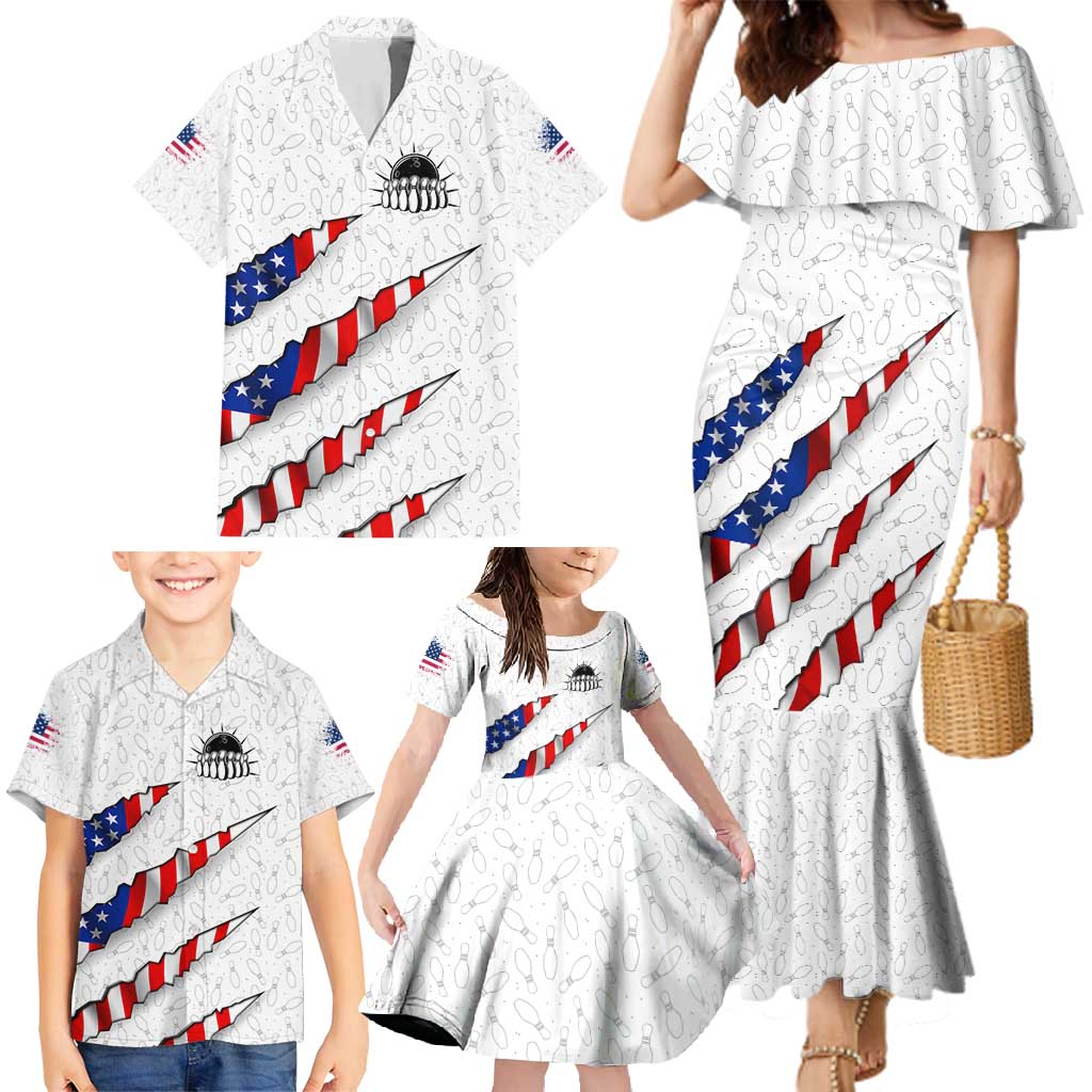 Personalized American Flag Bowling Team Family Matching Mermaid Dress and Hawaiian Shirt Pins and Ball Torn Stripes and Patterned White - Wonder Print Shop