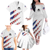 Personalized American Flag Bowling Team Family Matching Off The Shoulder Long Sleeve Dress and Hawaiian Shirt Pins and Ball Torn Stripes and Patterned White - Wonder Print Shop