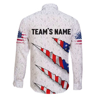 Personalized American Flag Bowling Team Family Matching Off The Shoulder Long Sleeve Dress and Hawaiian Shirt Pins and Ball Torn Stripes and Patterned White - Wonder Print Shop