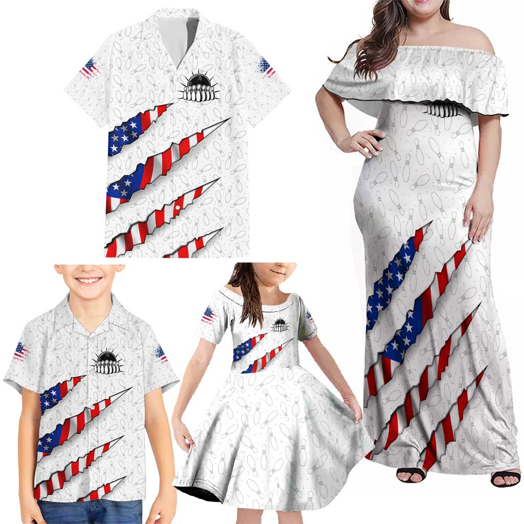 Personalized American Flag Bowling Team Family Matching Off Shoulder Maxi Dress and Hawaiian Shirt Pins and Ball Torn Stripes and Patterned White - Wonder Print Shop