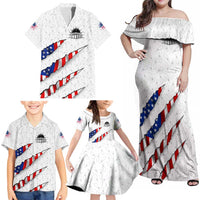 Personalized American Flag Bowling Team Family Matching Off Shoulder Maxi Dress and Hawaiian Shirt Pins and Ball Torn Stripes and Patterned White - Wonder Print Shop