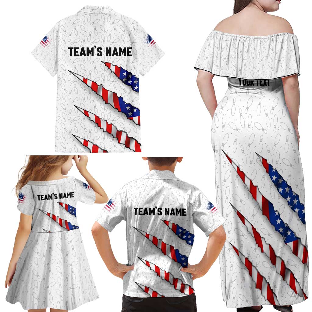 Personalized American Flag Bowling Team Family Matching Off Shoulder Maxi Dress and Hawaiian Shirt Pins and Ball Torn Stripes and Patterned White - Wonder Print Shop
