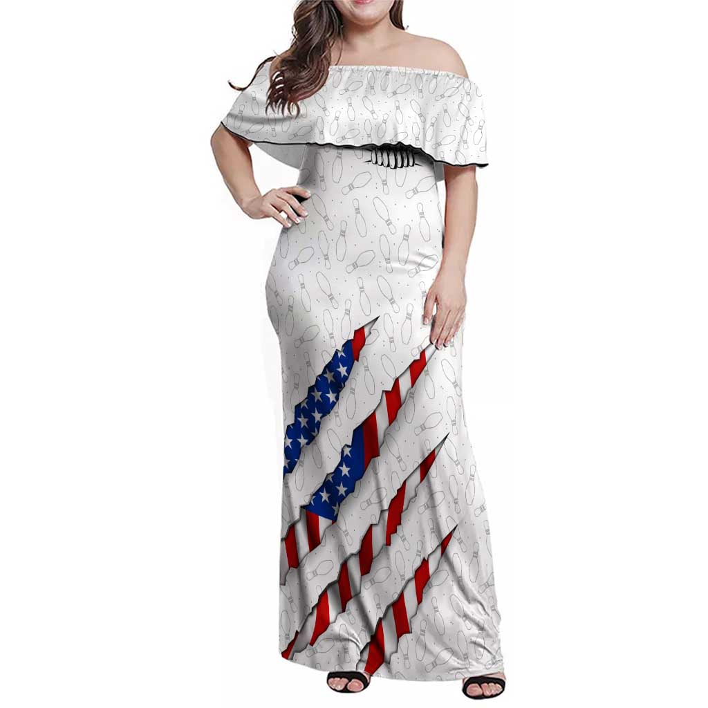 Personalized American Flag Bowling Team Family Matching Off Shoulder Maxi Dress and Hawaiian Shirt Pins and Ball Torn Stripes and Patterned White - Wonder Print Shop