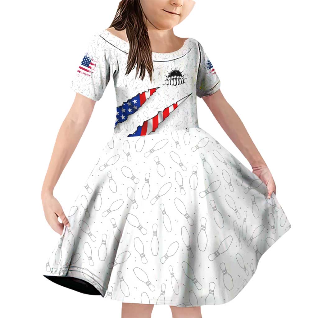 Personalized American Flag Bowling Team Family Matching Off Shoulder Short Dress and Hawaiian Shirt Pins and Ball Torn Stripes and Patterned White - Wonder Print Shop