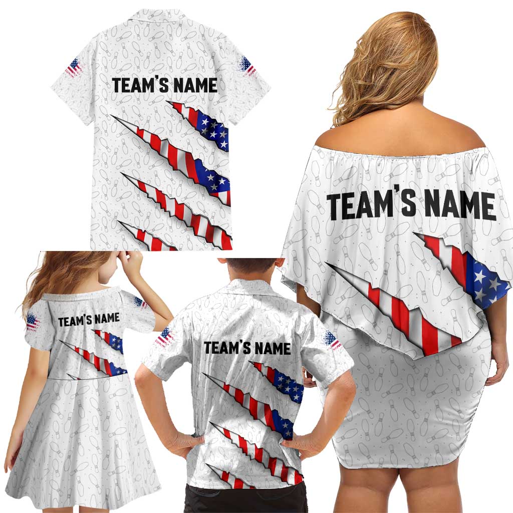 Personalized American Flag Bowling Team Family Matching Off Shoulder Short Dress and Hawaiian Shirt Pins and Ball Torn Stripes and Patterned White - Wonder Print Shop