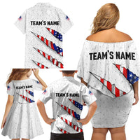 Personalized American Flag Bowling Team Family Matching Off Shoulder Short Dress and Hawaiian Shirt Pins and Ball Torn Stripes and Patterned White - Wonder Print Shop