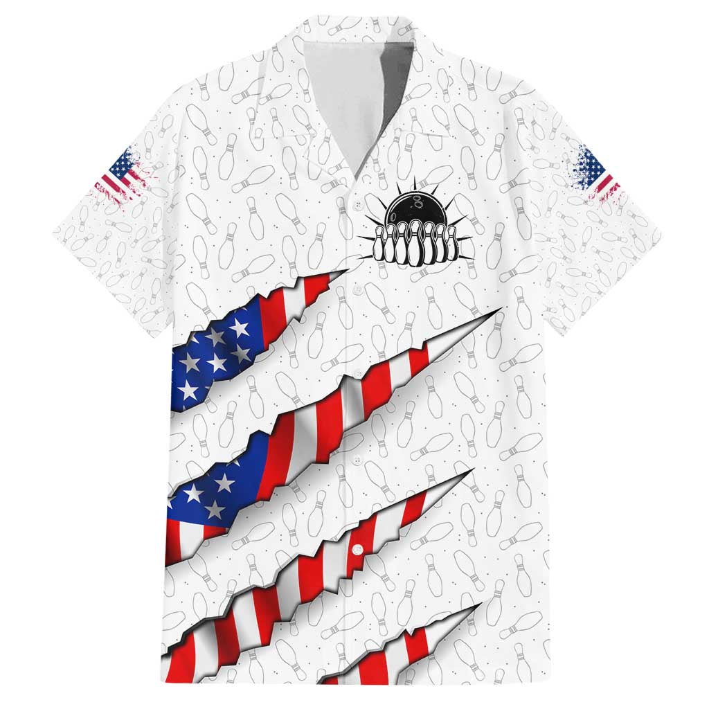 Personalized American Flag Bowling Team Family Matching Off Shoulder Short Dress and Hawaiian Shirt Pins and Ball Torn Stripes and Patterned White - Wonder Print Shop