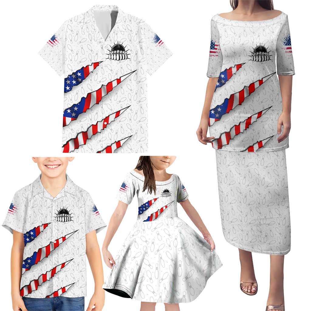 Personalized American Flag Bowling Team Family Matching Puletasi and Hawaiian Shirt Pins and Ball Torn Stripes and Patterned White - Wonder Print Shop
