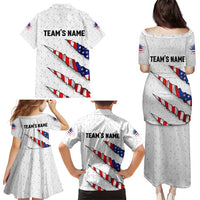 Personalized American Flag Bowling Team Family Matching Puletasi and Hawaiian Shirt Pins and Ball Torn Stripes and Patterned White - Wonder Print Shop