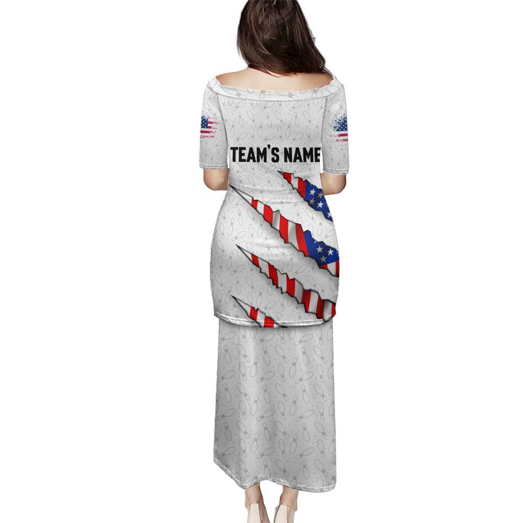 Personalized American Flag Bowling Team Family Matching Puletasi and Hawaiian Shirt Pins and Ball Torn Stripes and Patterned White - Wonder Print Shop