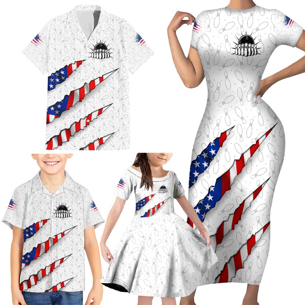Personalized American Flag Bowling Team Family Matching Short Sleeve Bodycon Dress and Hawaiian Shirt Pins and Ball Torn Stripes and Patterned White - Wonder Print Shop