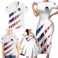 Personalized American Flag Bowling Team Family Matching Short Sleeve Bodycon Dress and Hawaiian Shirt Pins and Ball Torn Stripes and Patterned White - Wonder Print Shop