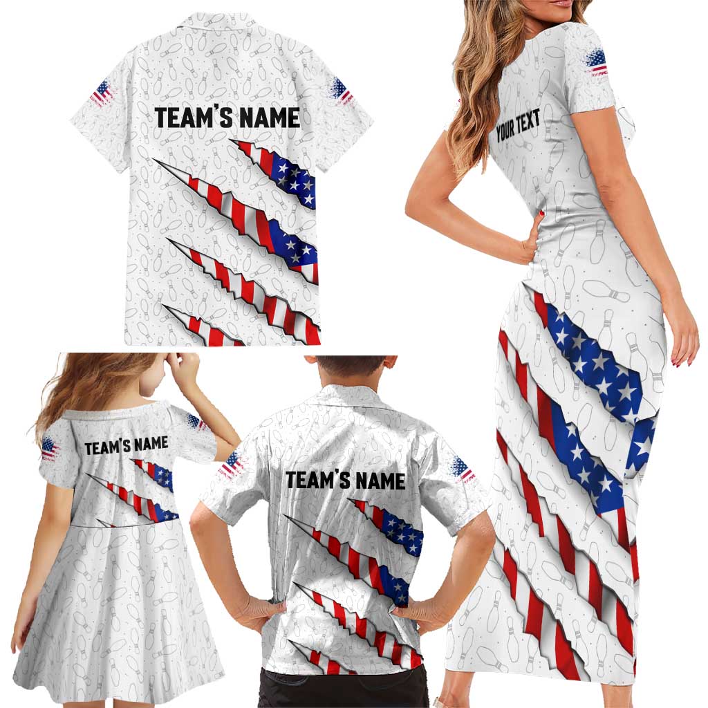 Personalized American Flag Bowling Team Family Matching Short Sleeve Bodycon Dress and Hawaiian Shirt Pins and Ball Torn Stripes and Patterned White - Wonder Print Shop