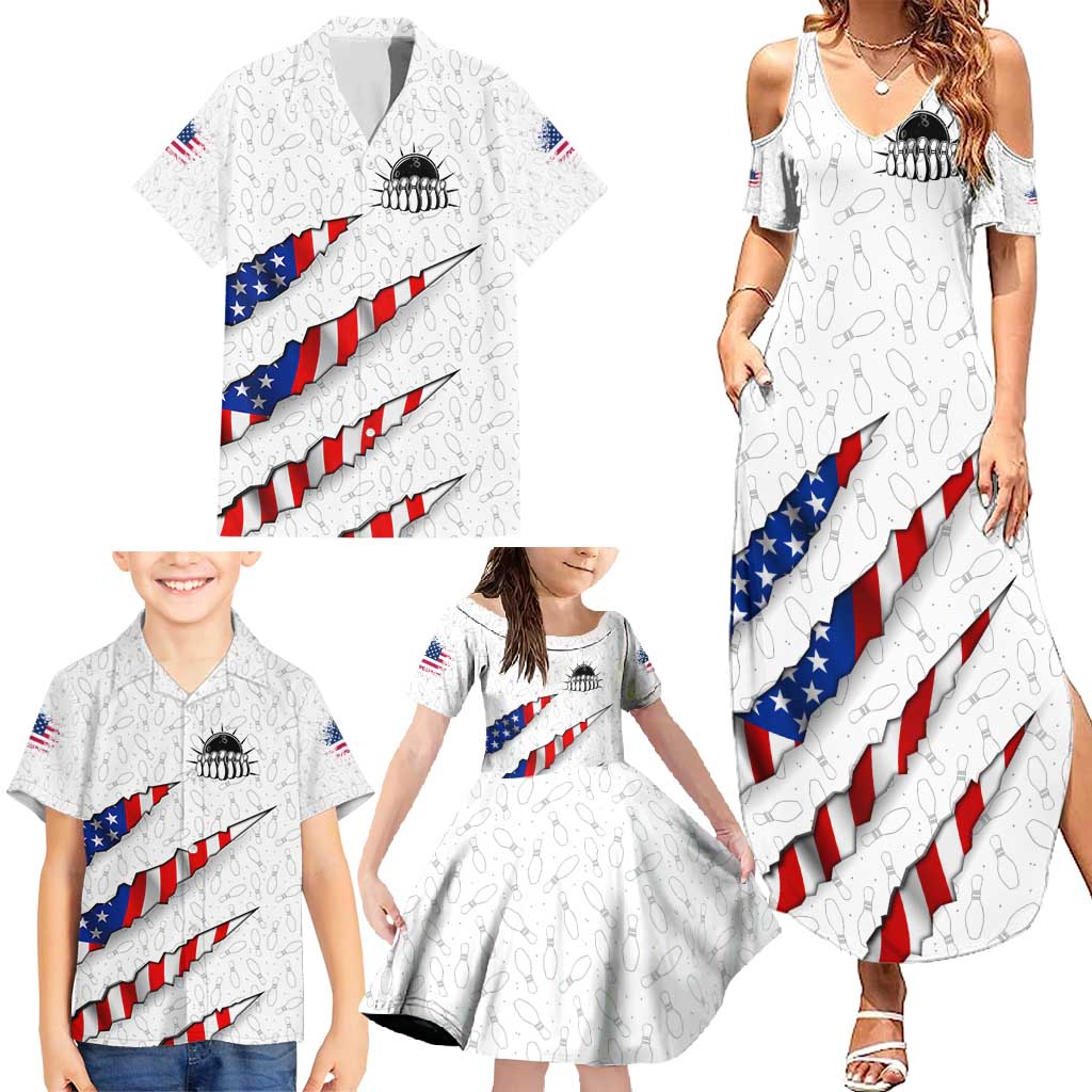 Personalized American Flag Bowling Team Family Matching Summer Maxi Dress and Hawaiian Shirt Pins and Ball Torn Stripes and Patterned White - Wonder Print Shop