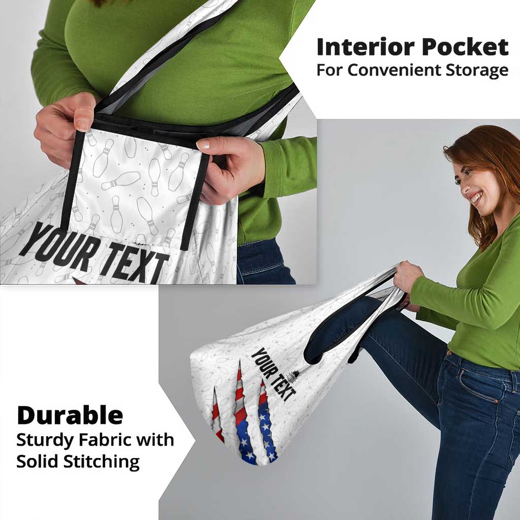 Personalized American Flag Bowling Team Grocery Bag Pins and Ball Torn Stripes and Patterned White - Wonder Print Shop