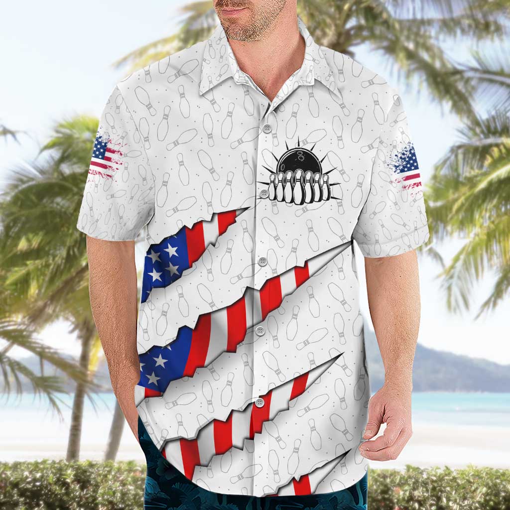 Personalized American Flag Bowling Team Hawaiian Shirt Pins and Ball Torn Stripes and Patterned White - Wonder Print Shop