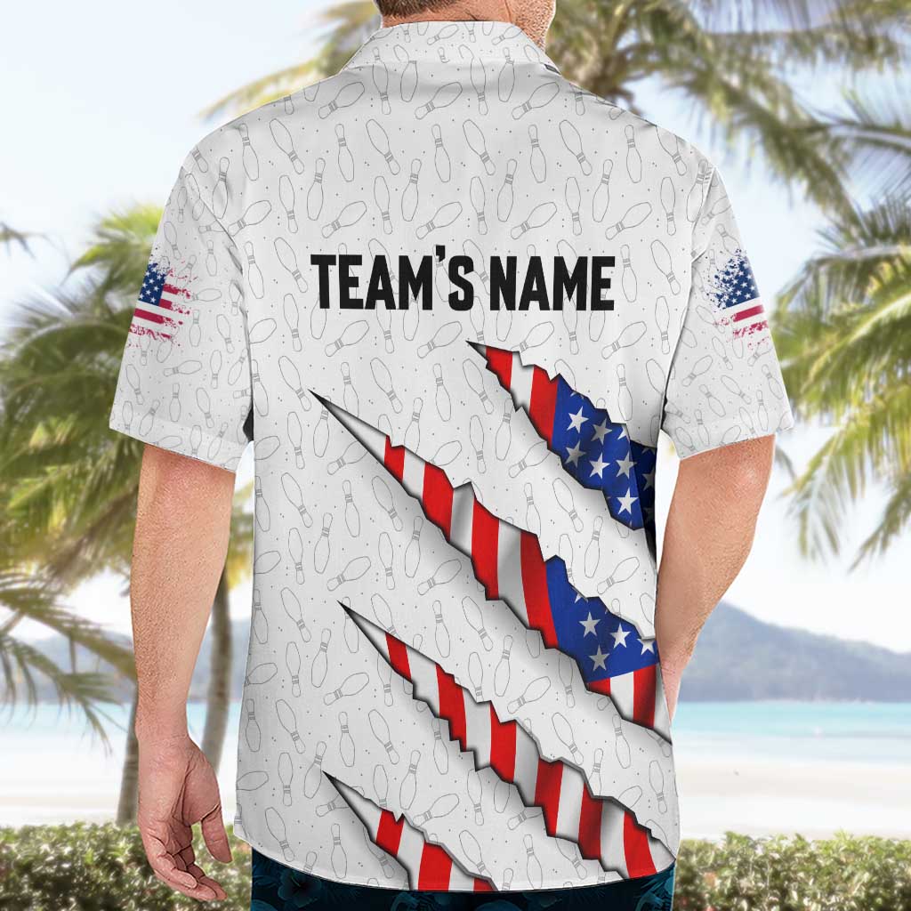 Personalized American Flag Bowling Team Hawaiian Shirt Pins and Ball Torn Stripes and Patterned White - Wonder Print Shop