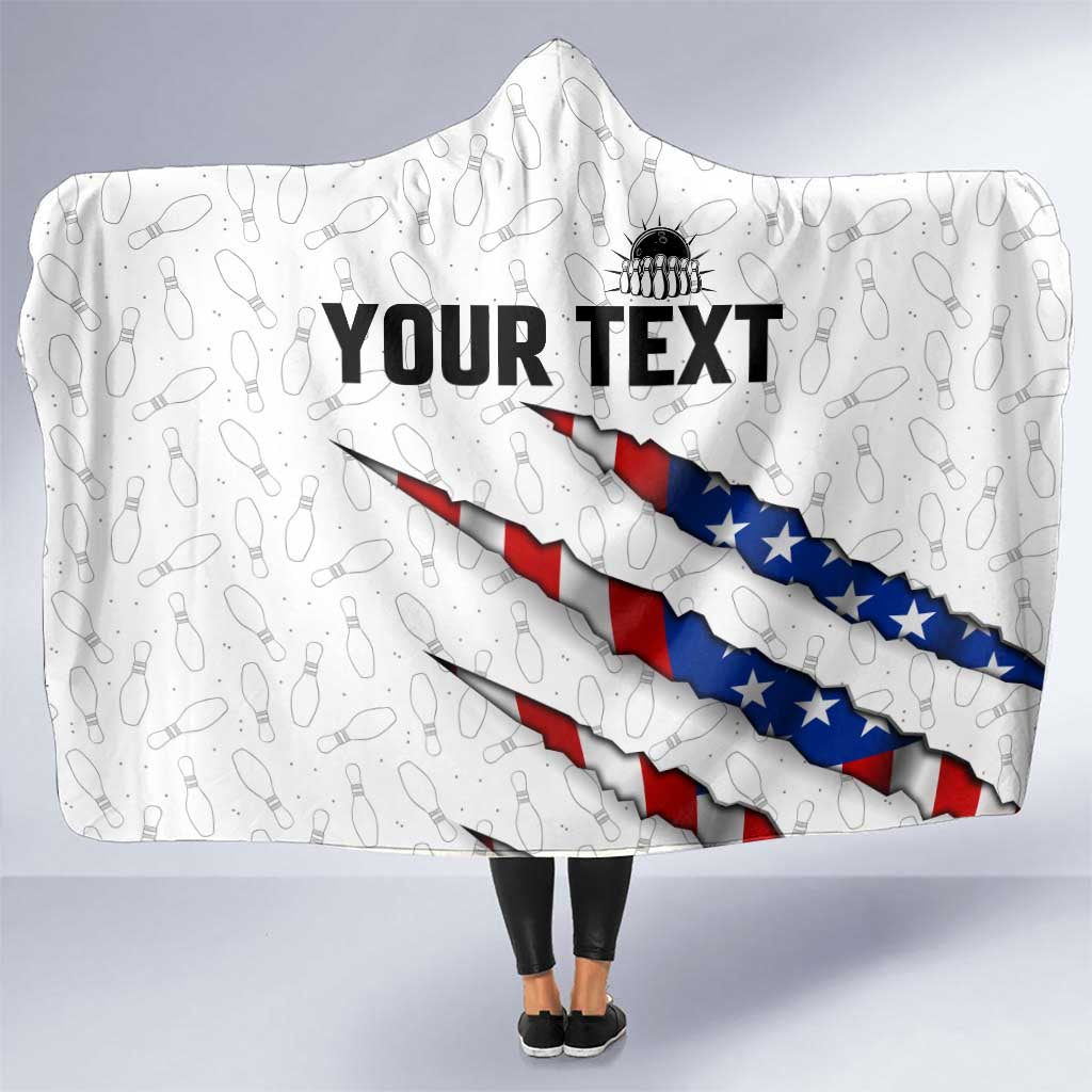 Personalized American Flag Bowling Team Hooded Blanket Pins and Ball Torn Stripes and Patterned White - Wonder Print Shop