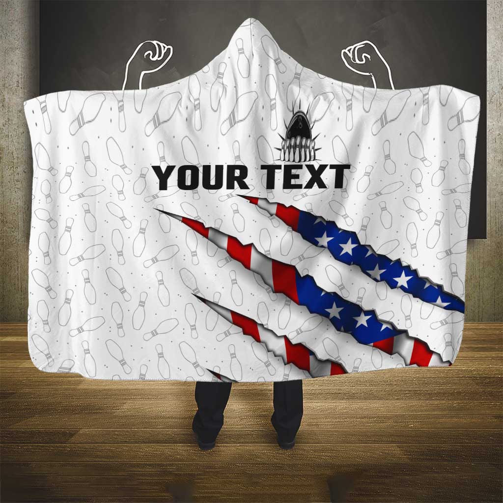 Personalized American Flag Bowling Team Hooded Blanket Pins and Ball Torn Stripes and Patterned White - Wonder Print Shop