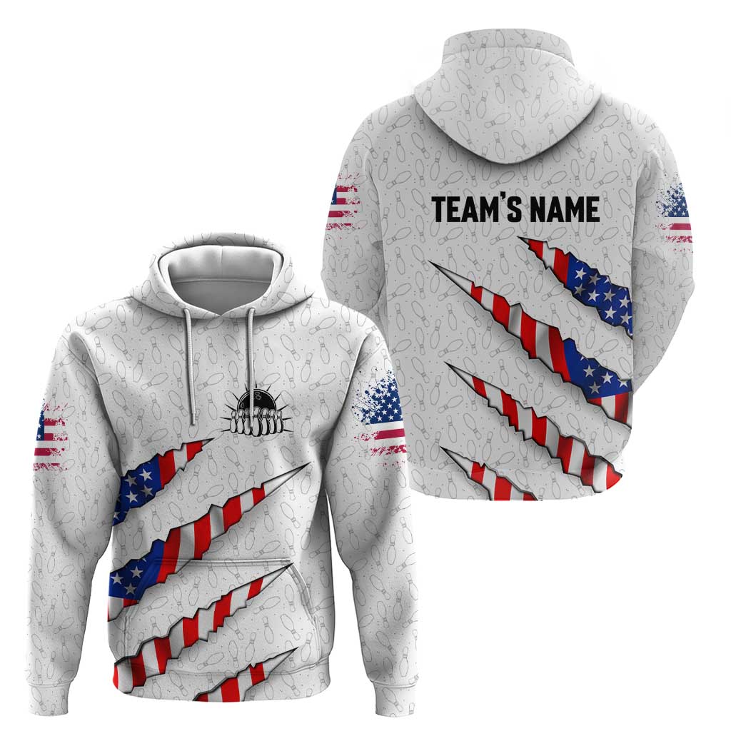 Personalized American Flag Bowling Team Hoodie Pins and Ball Torn Stripes and Patterned White - Wonder Print Shop