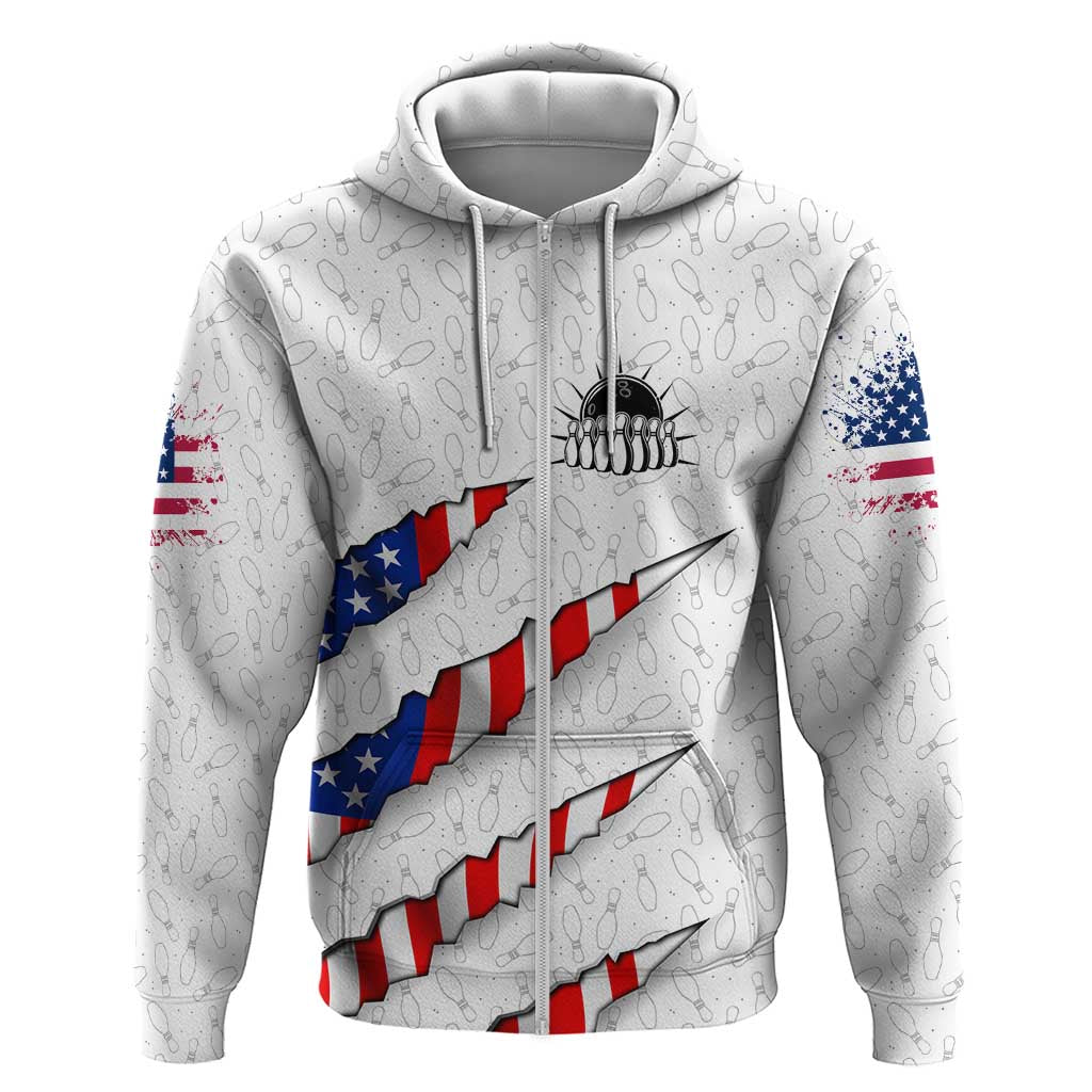 Personalized American Flag Bowling Team Hoodie Pins and Ball Torn Stripes and Patterned White - Wonder Print Shop