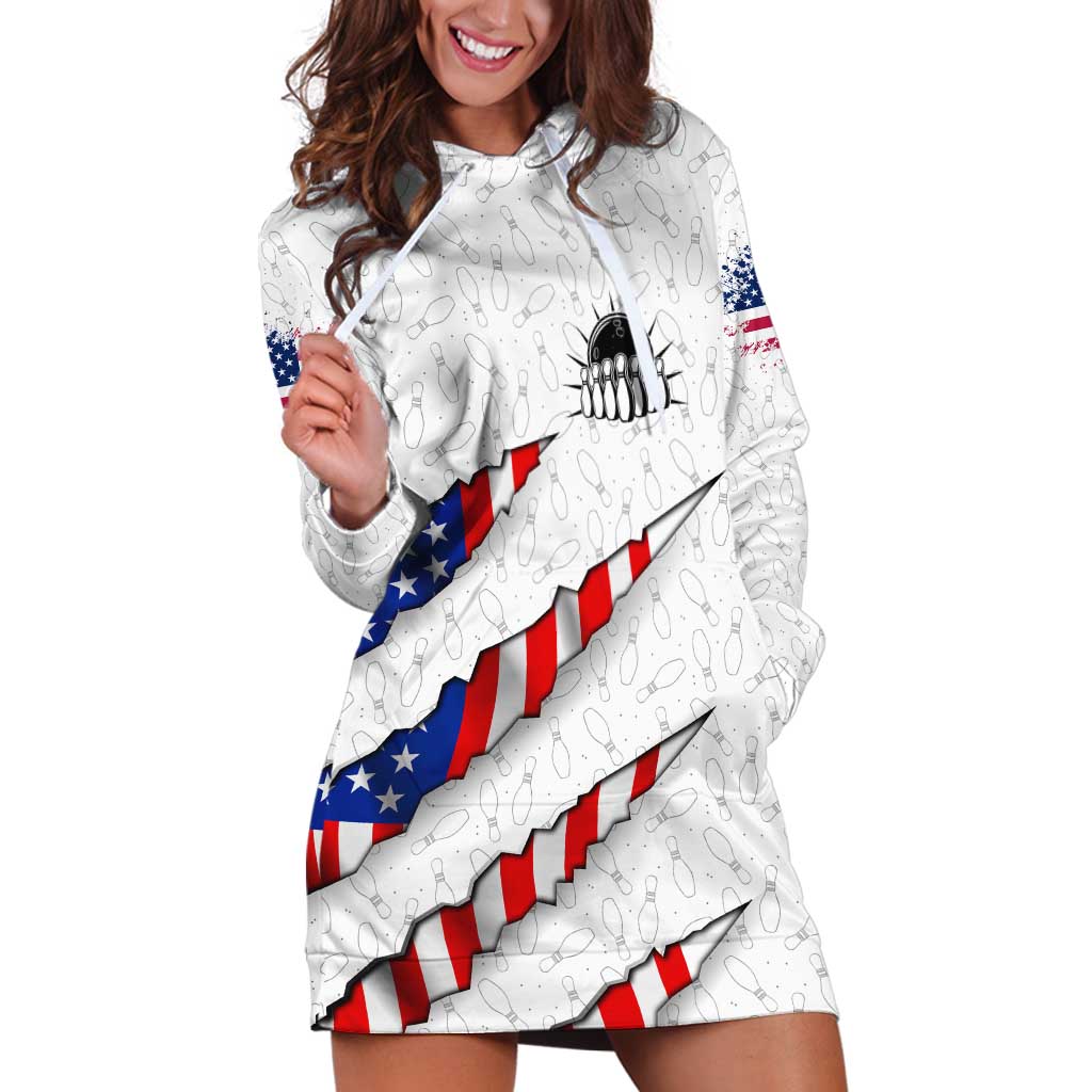 Personalized American Flag Bowling Team Hoodie Dress Pins and Ball Torn Stripes and Patterned White - Wonder Print Shop
