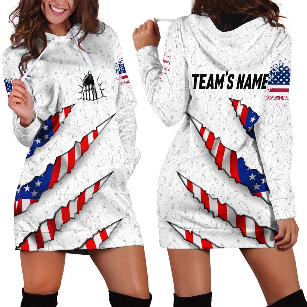 Personalized American Flag Bowling Team Hoodie Dress Pins and Ball Torn Stripes and Patterned White - Wonder Print Shop