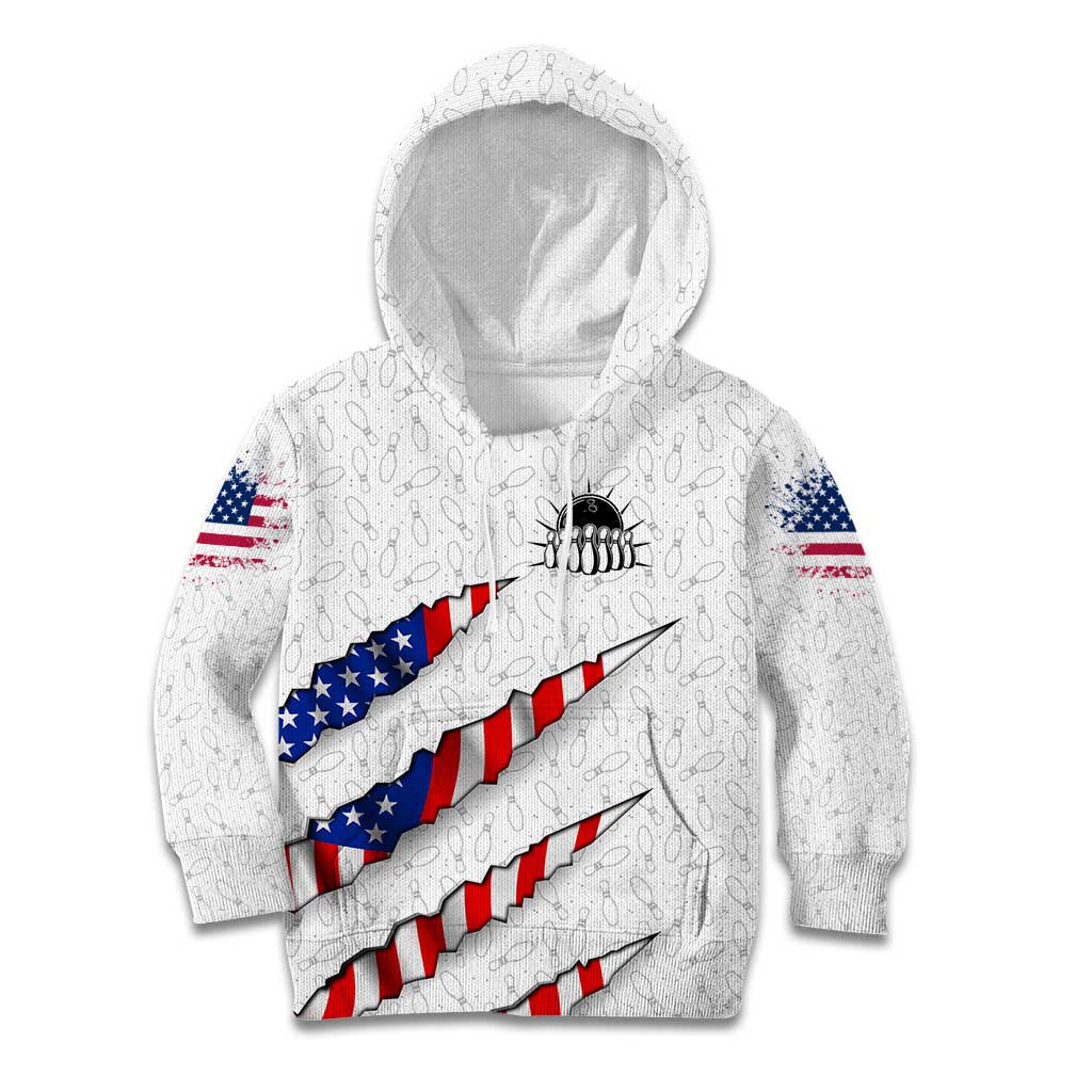 Personalized American Flag Bowling Team Kid Hoodie Pins and Ball Torn Stripes and Patterned White - Wonder Print Shop