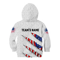 Personalized American Flag Bowling Team Kid Hoodie Pins and Ball Torn Stripes and Patterned White - Wonder Print Shop