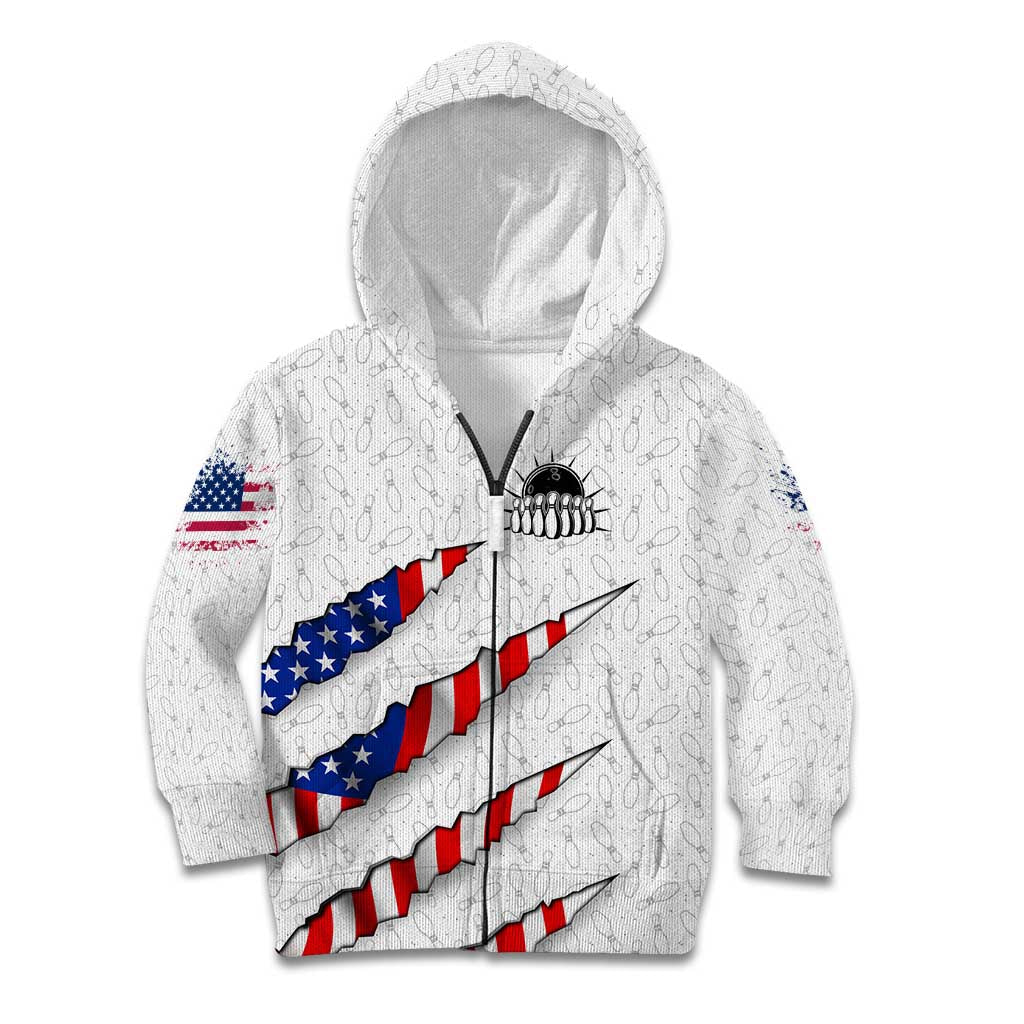 Personalized American Flag Bowling Team Kid Hoodie Pins and Ball Torn Stripes and Patterned White - Wonder Print Shop