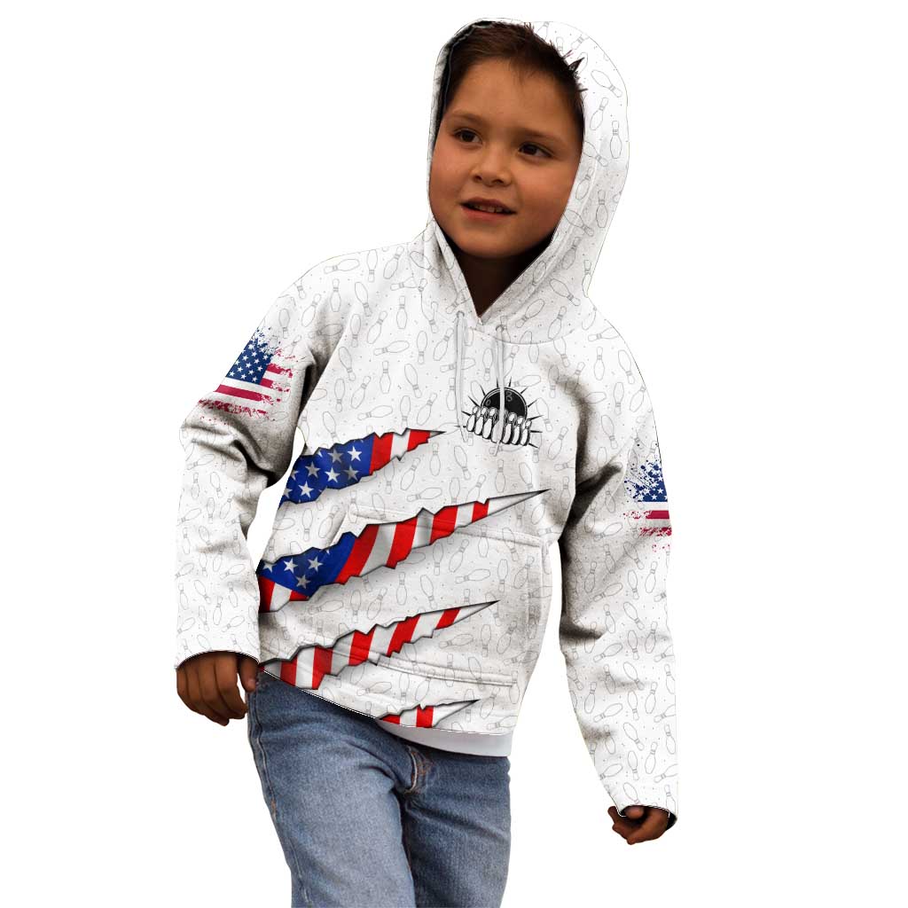 Personalized American Flag Bowling Team Kid Hoodie Pins and Ball Torn Stripes and Patterned White - Wonder Print Shop
