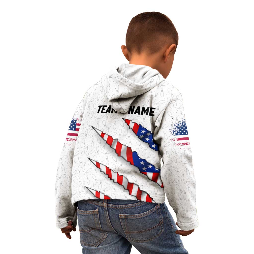 Personalized American Flag Bowling Team Kid Hoodie Pins and Ball Torn Stripes and Patterned White - Wonder Print Shop